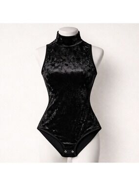 Black Crushed Velvet Mock Neck Bodysuit | Balletcore Soft Grunge Small NWT